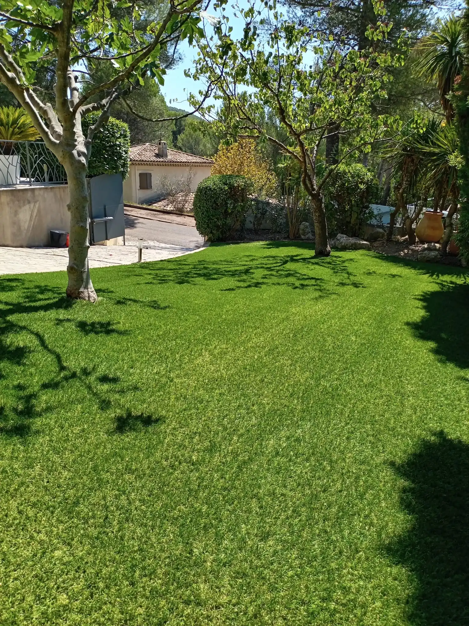 Design paysager pour remplacement pelouse naturelle par gazon synthetique Ventabren